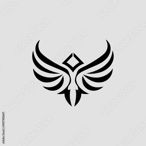 A black and white logo of a bird with wings spread out