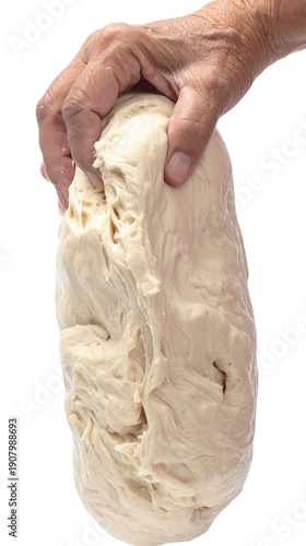 Grandmother hands kneading bread dough isolated on white background, homemade baking tradition and family recipe concept