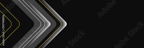Black wide abstract horizontal banner with gray and orange lines, arrows and angles. Dark modern sporty bright futuristic horizontal abstract background. Wide vector illustration EPS10.
