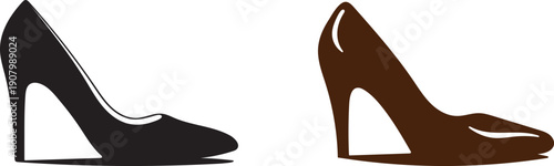 Two high heeled shoes one black one brown depicted as silhouettes with shadows
