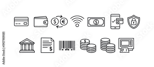 Collection of financial and payment icons representing various aspects of money and transactions