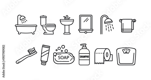 Collection of simple line art icons representing bathroom essentials and hygiene items