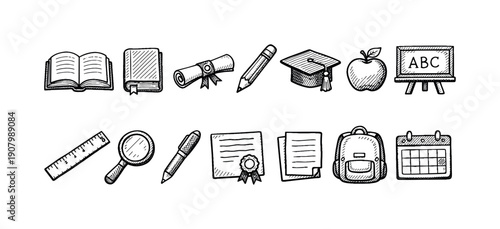 Hand-drawn school and education icons collection including books, graduation cap, and apple