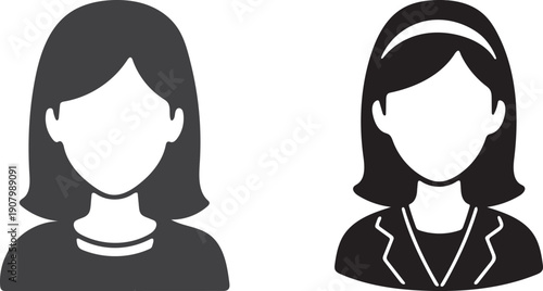 Two faceless female profile icons in black and white differing hairstyles