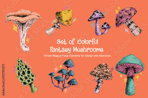 Set of Colorful Fantasy Mushrooms Vibrant Magical Fungi Elements for Design and Illustration.