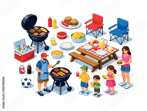 Family enjoying a summer barbecue picnic with grilling food and outdoor activities