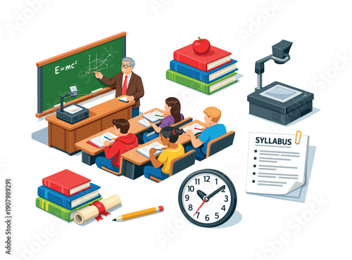 Classroom scene with teacher, students, books, and educational equipment, isometric view