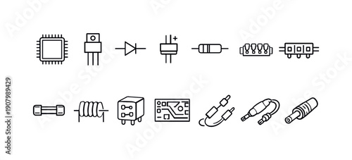 Collection of electronic component icons for circuit design and schematic diagrams