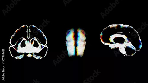 Glitch is a neurobrain. Rainbow visualization. Psychedelic brain slices. A cyber brain with a glitch effect.