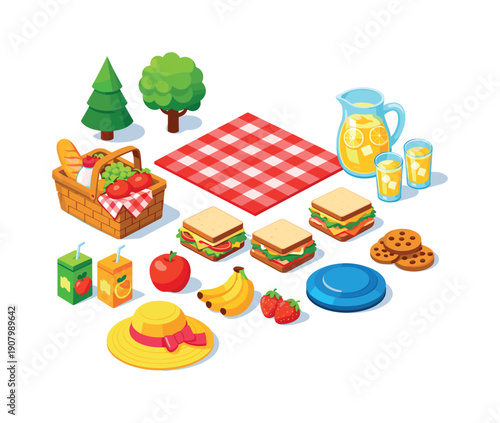 Isometric picnic set with food, drinks, and accessories for outdoor leisure