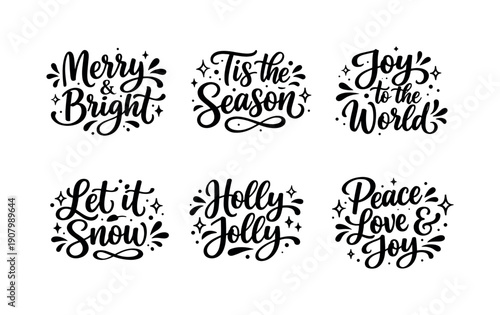Collection of six festive Christmas calligraphy phrases with decorative elements