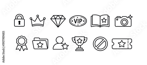 Collection of simple line icons representing achievement, status, and access in a clean design