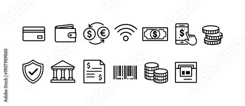 Collection of financial and payment icons representing various transaction and security elements