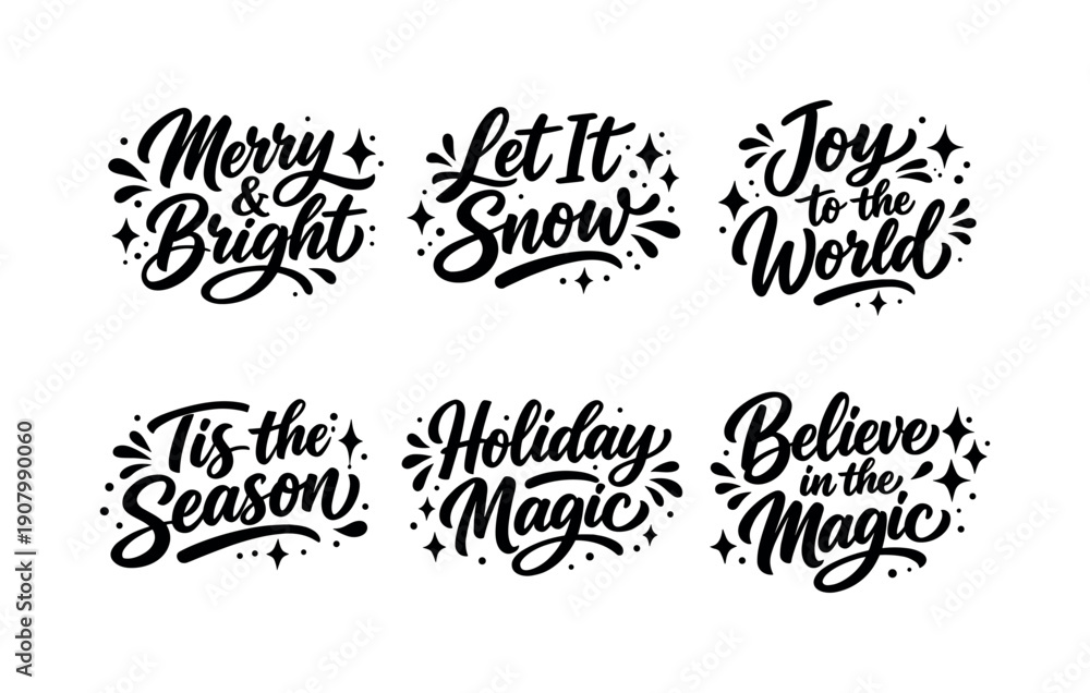 Fototapeta premium Collection of six black and white Christmas holiday lettering phrases with decorative elements