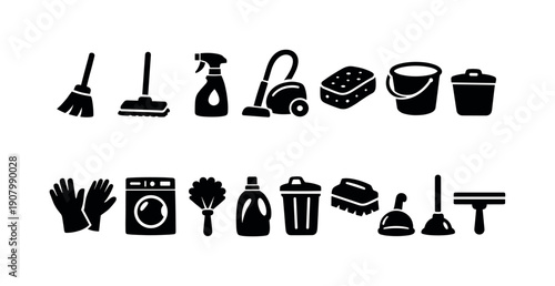 Collection of black cleaning tools and supplies icons on a white background