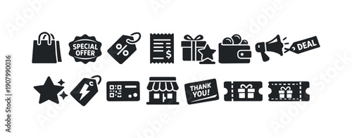 Collection of retail and shopping icons representing sales, offers, and customer appreciation