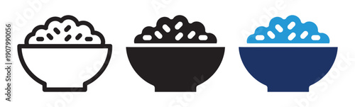 Rice Bowl Icon Set – Food and Meal Vector Illustration. Bowl of Rice Icons Collection – Asian Food Vector Set.