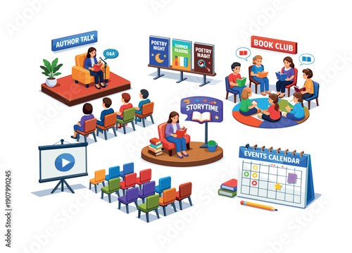 Diverse library events and activities depicted in isometric illustration style