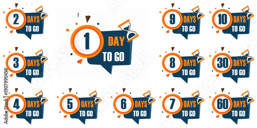 Days To Go Countdown banner template design. 1,2,3,4,5,6,7,8,9,10,20 days left countdown icon. vector	