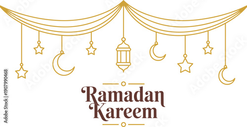  ramadan Kareem, Eid Mubarak Greeting Line icon minimal and simple vector design with beautiful Glowing Lantern and elegant crescent moon star for background and Banner