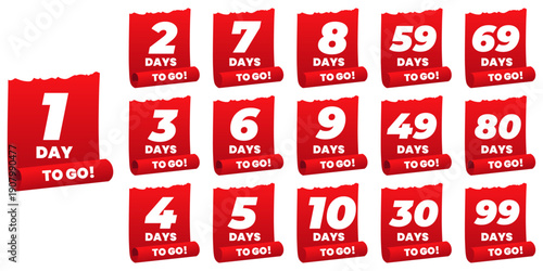 Days To Go Countdown banner template design. 1,2,3,4,5,6,7,8,9,10,20 days left countdown icon. vector	