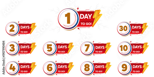 Days To Go Countdown banner template design. 1,2,3,4,5,6,7,8,9,10,20 days left countdown icon. vector	
