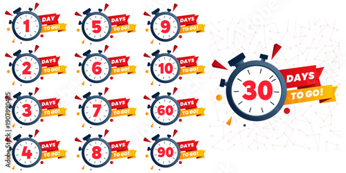 Days To Go Countdown banner template design. 1,2,3,4,5,6,7,8,9,10,20 days left countdown icon. vector	