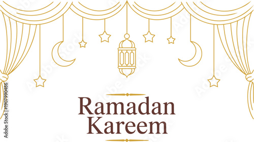  ramadan Kareem, Eid Mubarak Greeting Line icon minimal and simple vector design with beautiful Glowing Lantern and elegant crescent moon star for background and Banner