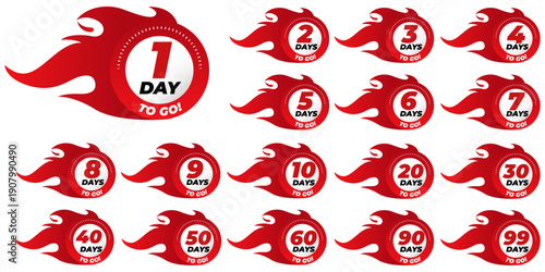 Days To Go Countdown banner template design. 1,2,3,4,5,6,7,8,9,10,20 days left countdown icon. vector	