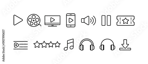 Collection of media and entertainment icons including play, film reel, screen, phone, sound, pause, ticket, and headphones
