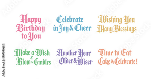 Collection of festive greetings in gothic font for special occasions and celebrations