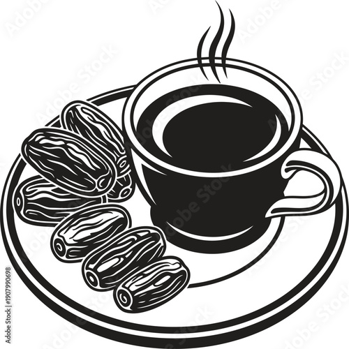 A steaming cup of coffee served with coffee beans on a saucer.