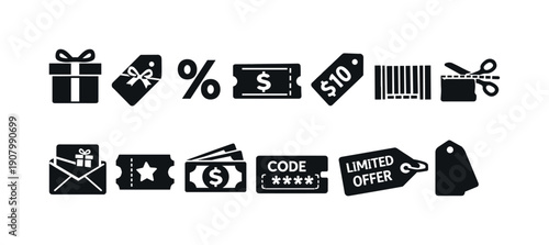 Collection of black icons representing sales, discounts, and promotions on a white background