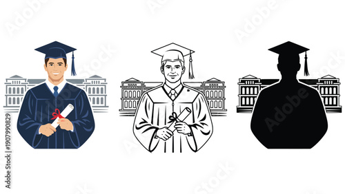 Graduates in caps and gowns hold diplomas in front of a building.