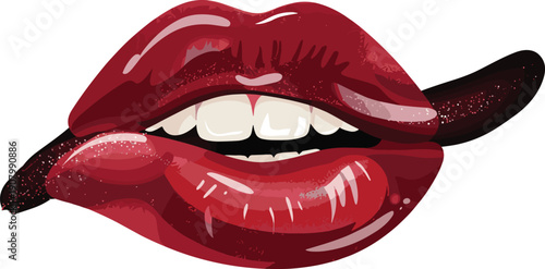 Sexy glossy red lips with white teeth biting tongue for beauty fashion makeup cosmetics glamour sensuality and hot expressive mouth, flat vector illustration