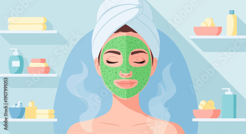 Woman with green facial mask and towel, in a spa-like bathroom