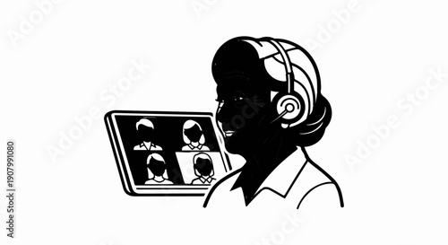 Woman with headphones on a video call with four other people