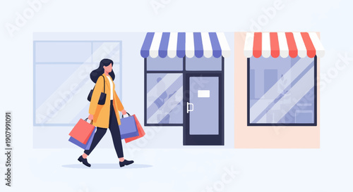 Woman with shopping bags walks past storefronts