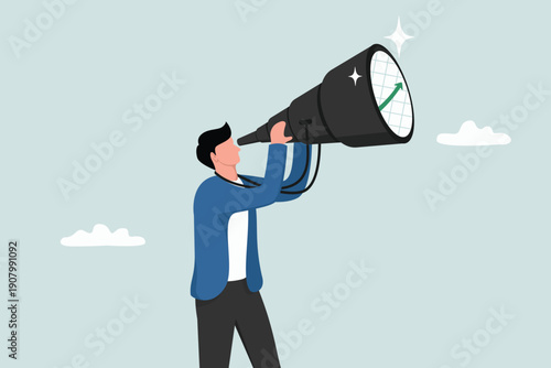 Financial forecasts, visions for stock market investment returns, creating profit opportunities, business finance professionals look at graphs and charts through binoculars.