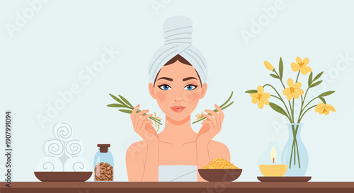 Woman with towel turban and herbs, spa ingredients, flowers, candle