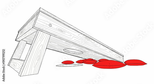 Wooden game board with red beanbags scattered around