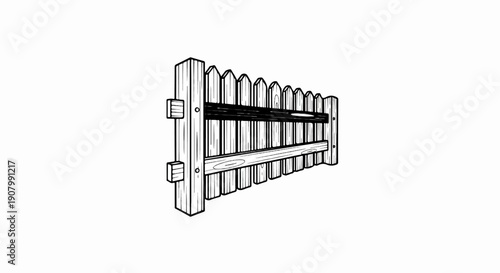 Wooden picket fence section with horizontal support beams