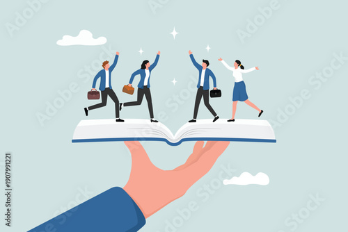 Employee handbook, manual for onboarding new staff, procedure or rule for welcome new hire to know company, business manual for success concept, businessman hand holding handbook with new employees.