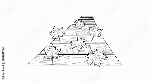 Wooden planks arranged in a tapering path with scattered autumn leaves