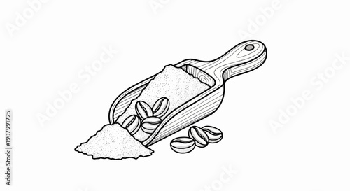 Wooden scoop filled with coffee grounds and whole beans