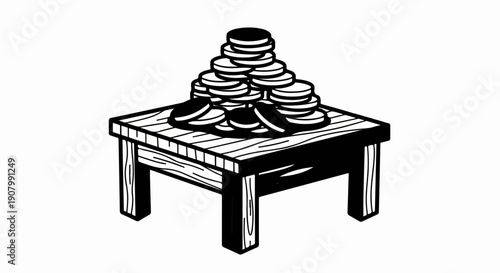 Wooden table supporting a tall pile of coins