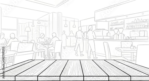 Wooden table in front of a sketch of a busy cafe interior with people