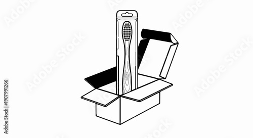 Wooden toothbrush in clear packaging sits in an open cardboard box
