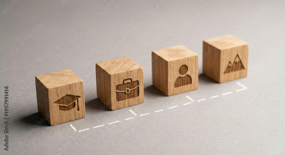 Fototapeta premium Wooden cubes with icons showing career path from education to professional success on grey background