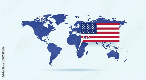 World map with a speech bubble showing the American flag and text USA